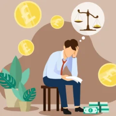 illustration of man in red tie and white button up shirt sitting on a stool. He's holding a stack of papers in his right hand and holding onto his head with his left. There is a thought bubble coming out of his head with a picture of scales in it. There are coins and stacks of money around him.