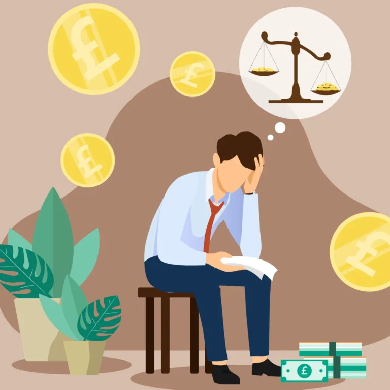 illustration of man in red tie and white button up shirt sitting on a stool. He's holding a stack of papers in his right hand and holding onto his head with his left. There is a thought bubble coming out of his head with a picture of scales in it. There are coins and stacks of money around him.