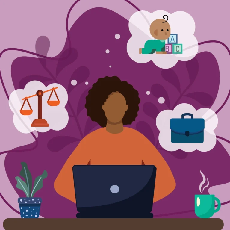 An illustration displaying a parent sitting behind a laptop with thought bubbles containing images of scales, a baby and a briefcase.