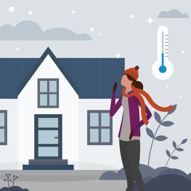 An illustration of a person standing outside their home whilst it's snowing outside. They're wearing a scarf, hat and gloves and there's a thermometer displaying a cold temperature.