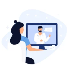 Illustration of woman at a computer screen that has a man in a lab coat on it