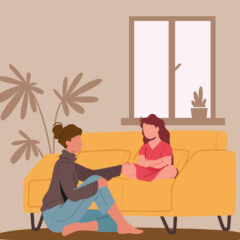 Illustration depicting a woman sitting on the floor. On the sofa next to her is a young child who appears upset.