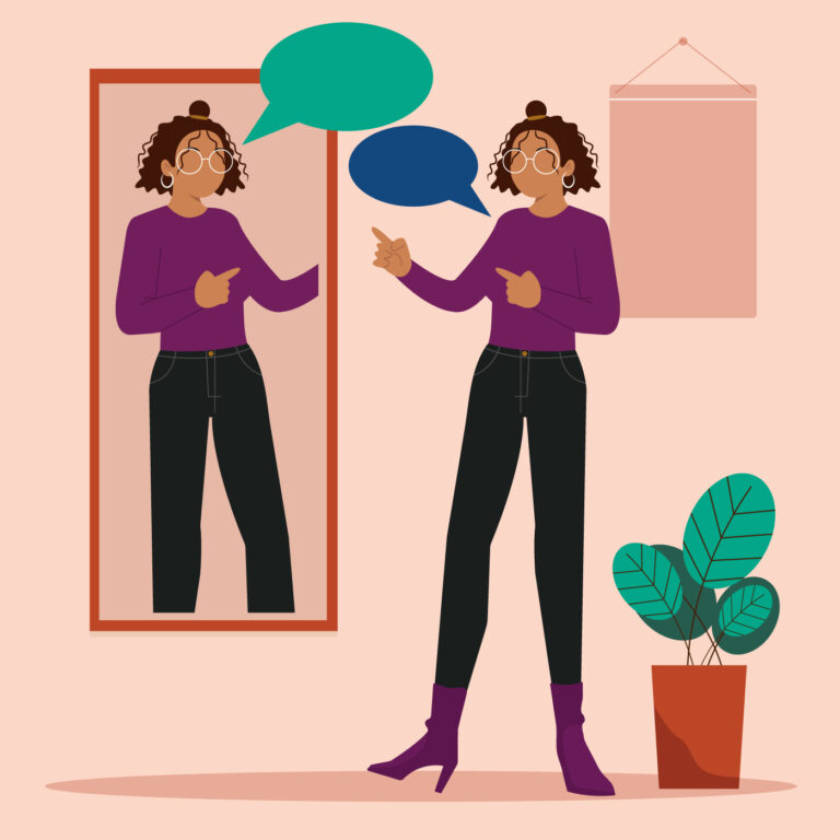 Illustration depicting a woman standing infront of a mirror. She is talking to herself in a positive way.