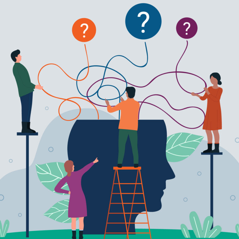 Illustration depicting four people, two on podiums, one on a ladder and one standing next to a giant head. The top of the head is open with three tangled strands coming out into the air, and all three have a question mark in a circle at the end of them.