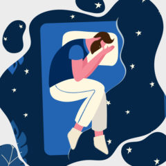 Illustration of a person laying down on a bed, sleeping.