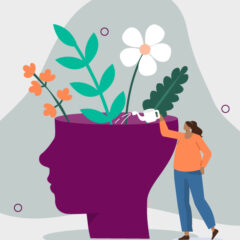 Illustration of a person standing next to a giant head shape. The top of the head is open, and flowers are growing out. The person is holding a watering can, watering the flowers.