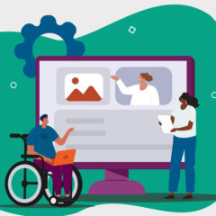 Illustration of a computer screen. Next to the screen to the left is someone sitting in a wheelchair holding a laptop. To the right of the screen, is a woman standing whilst holding a piece of paper.