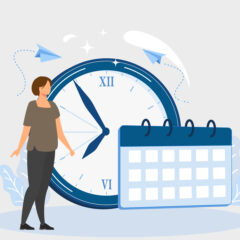 Illustration of a woman standing next to a clock. There's a calendar page in front of the clock.