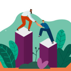 Illustration of two people on tall, purple columns against a green backdrop with plants. One helps the other climb.
