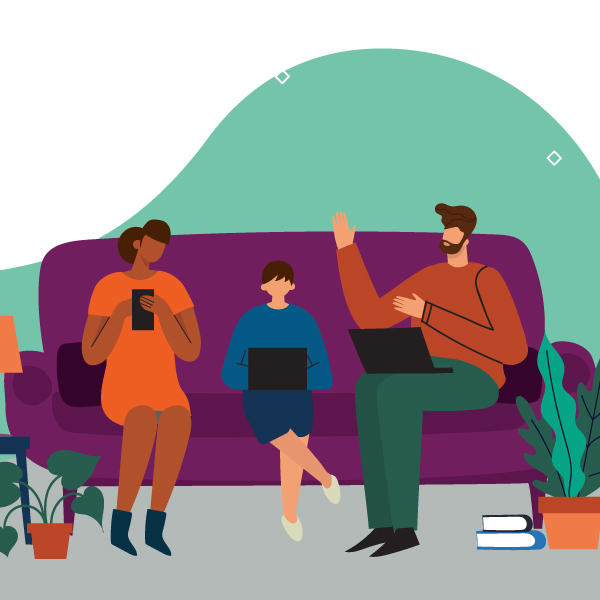 Illustration of three people sitting on a purple sofa using electronic devices, with books and potted plants nearby.