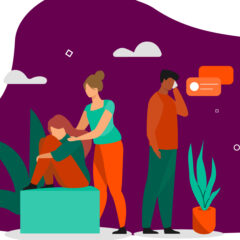 Illustration of a woman comforting a seated person who appears upset, while a man stands nearby looking concerned, whilst on the phone.