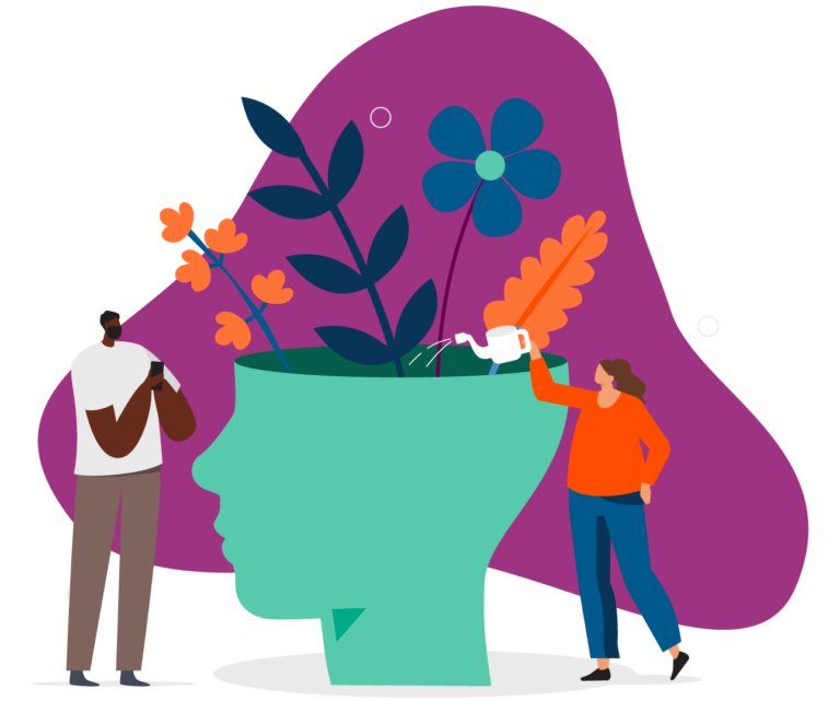 Illustration of a person standing next to a giant head shape. The top of the head is open, and flowers are growing out. The person is holding a watering can, watering the flowers.