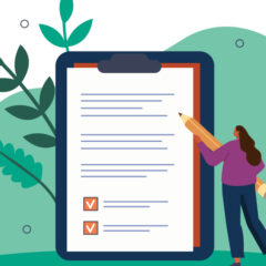 Illustration of a person holding a large pencil, standing next to an oversized checklist on a clipboard with two checked boxes, and green plants in the background.