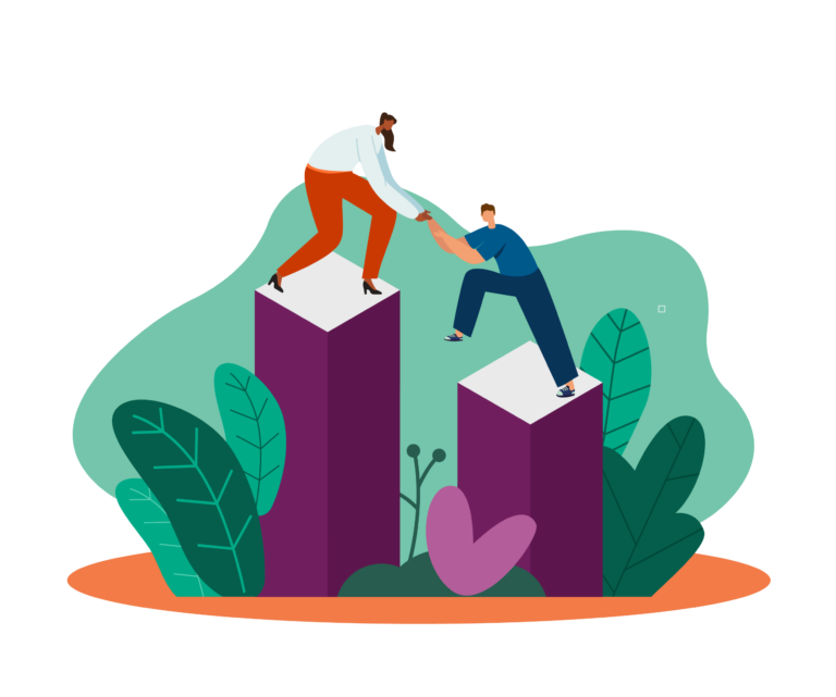 An illustration of a person helping a friend jump from one platform to another