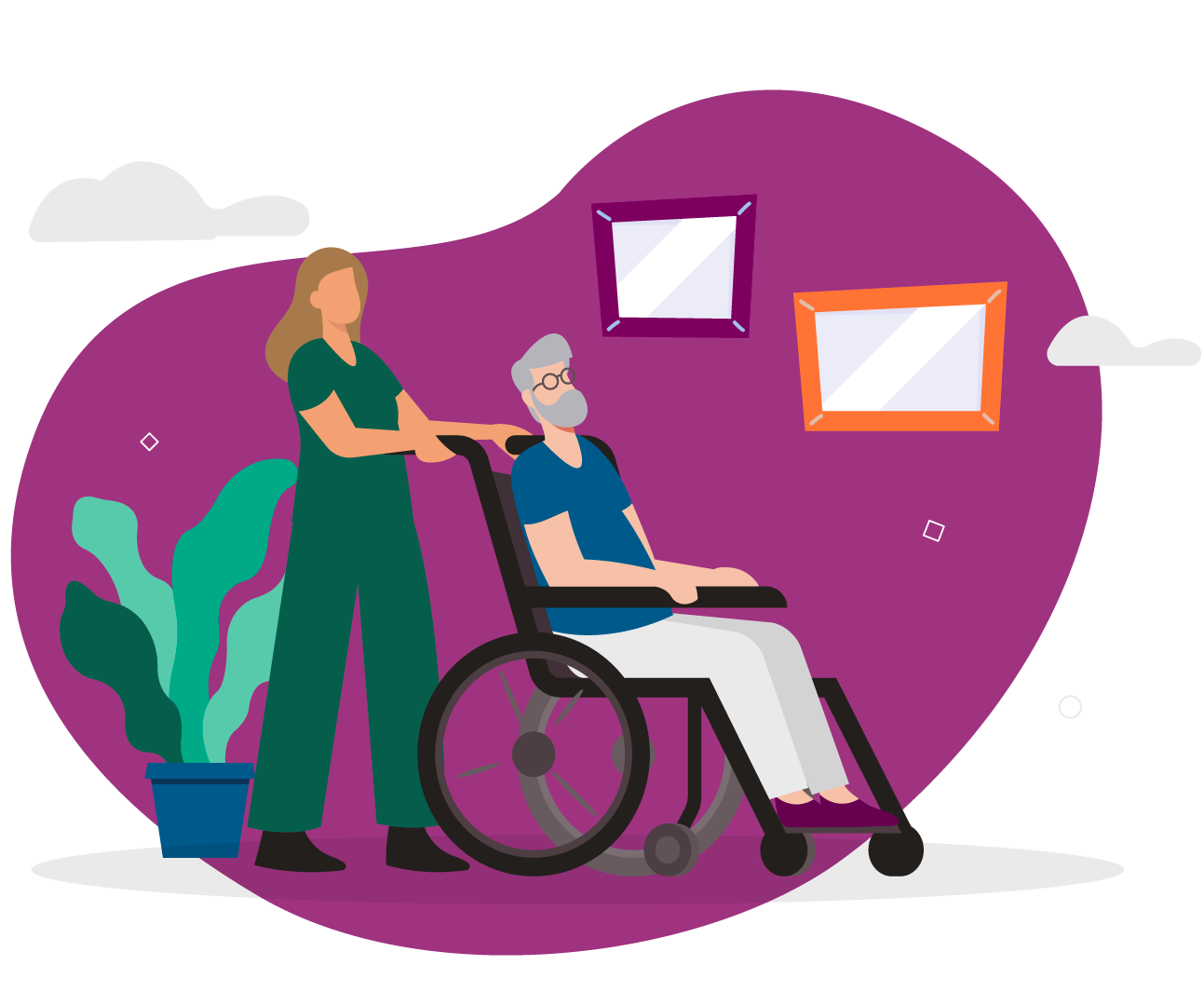 An illustration of a woman helping an elderly man in a wheelchair
