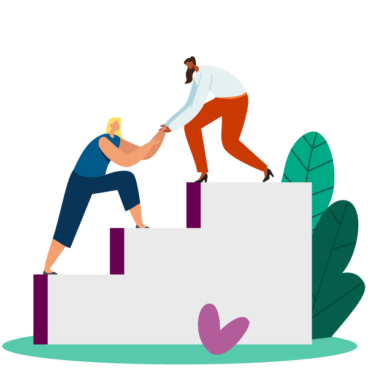 An illustration of a person helping another up some steps