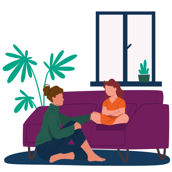 Illustration depicting a woman sitting on the floor. On the sofa next to her is a young child who appears upset.