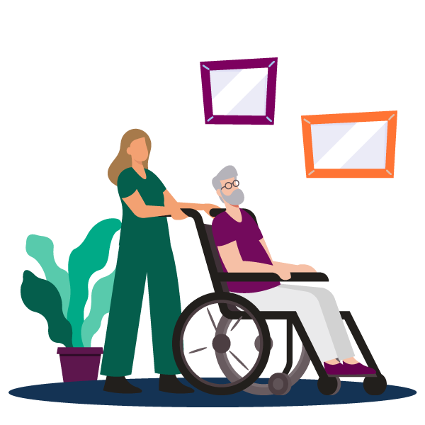 An illustration of a woman helping an elderly man in a wheelchair