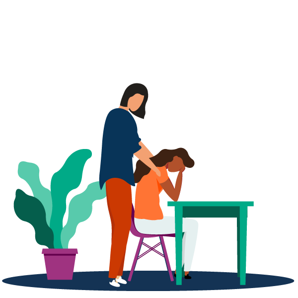 Illustration of two people. One sits down on a chair, elbows resting on the table in front with their head in their hands. The other person stands behind, consoling them with their hands on their shoulders.