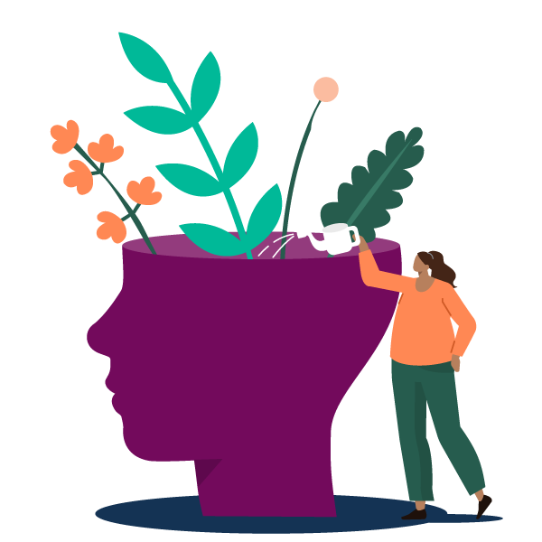 Illustration of a person standing next to a large silhouette head. The top of the head is open, and flowers are growing out. The person is holding a watering can, watering the flowers.