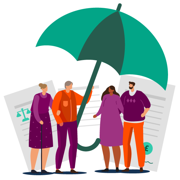 Family standing under a large umbrella