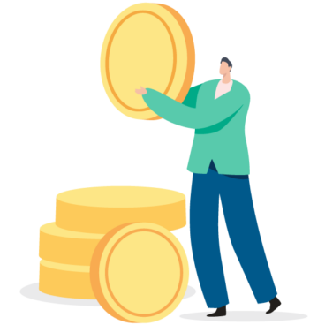 Man standing next to a stack of coins whilst holding a coin in his hands.
