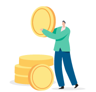 Man standing next to a stack of coins whilst holding a coin in his hands.
