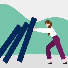 Illustration of a woman using both hands to stop large dominoes from falling towards her.