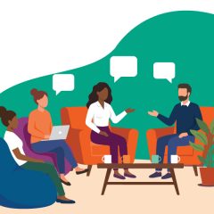 Illustration of four people sitting on chairs, having a discussion.