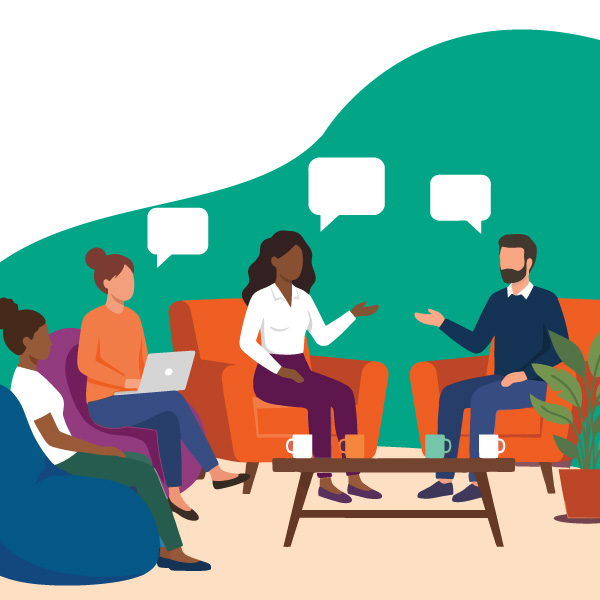 Illustration of four people sitting on chairs, having a discussion.