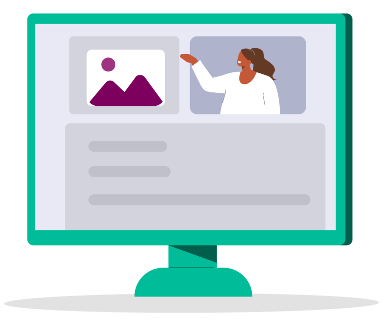 An illustration of a computer screen showing thumbnails of what look like webinars